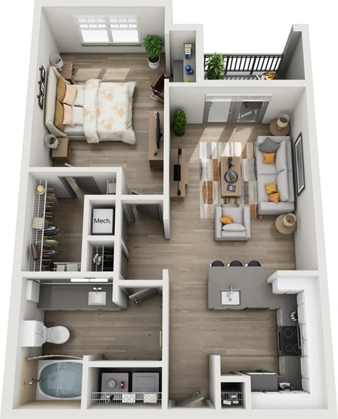 Floor plan for 1 bed, 1 bath, 767 sqft